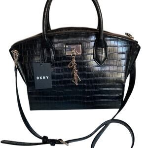 Brand New DKNY LOGO Classic Black  Purse Handbag Zip Body CLEO Satchel Crocodile